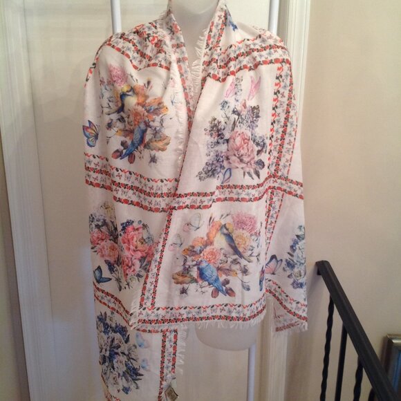 NWOT JC Sunny Floral Flowers Birds Butterflies Fringe Scarf Shawl Wrap - Picture 1 of 10